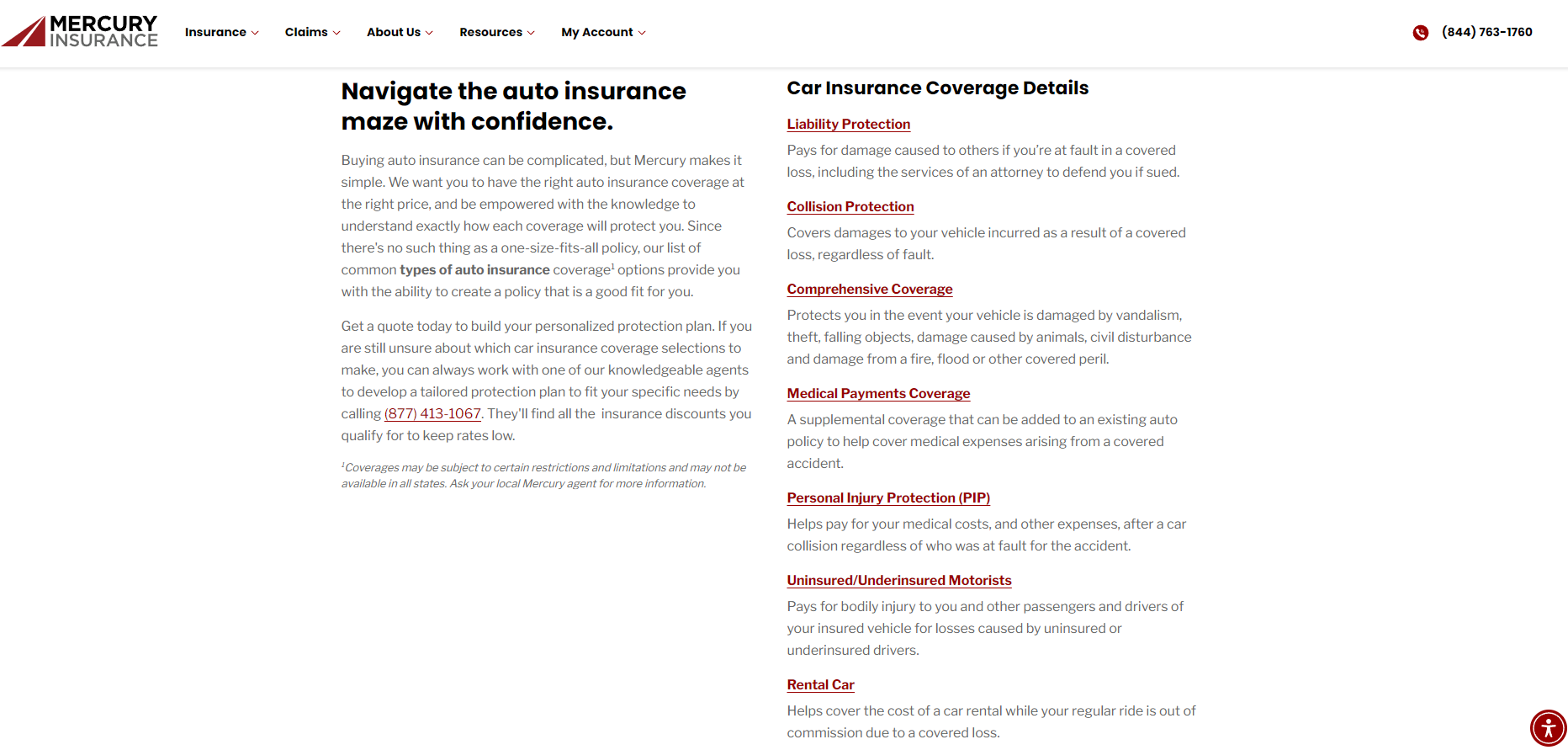 what types of car insurance coverage does Mercury Insurance offer: Site screenshot